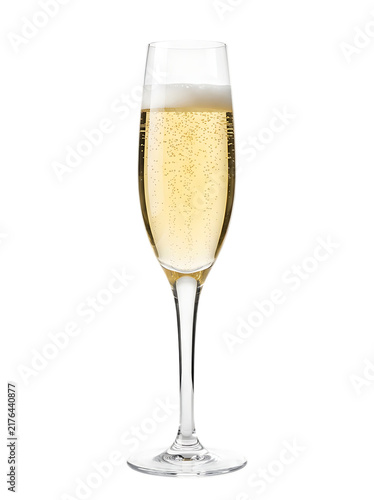 A single tall flute glass filled with sparkling champagne or prosecco with visible bubbles and foam at the isolated on a solid isolated on a transparent background