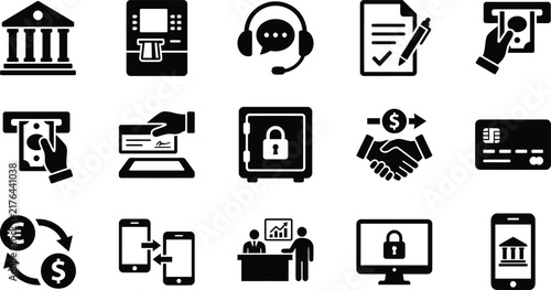 Set of black icons representing various concepts of finance and banking for digital business and money management applications