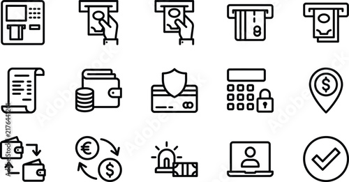 A collection of thin line icons representing various concepts related to modern finance and banking for digital business applications