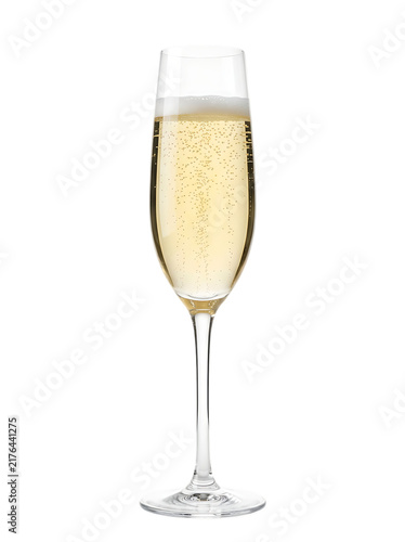 A tall, champagne flute glass filled with sparkling golden liquid and bubbles, isolated on a white background, showing clear glass texture isolated on a transparent background