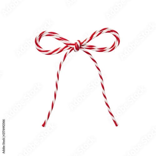 Decorative red and white baker twine tied in a simple bow, isolated on a white background, for gift wrapping, and craft projects isolated on a transparent background