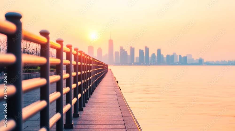 Fototapeta premium Moonlit Night Near the Tree-Lined Curb: Urban Sidewalk Beside Waterfront Railing Skyline Distance Urb â€“ Skyline Study 3