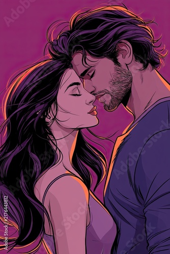 Romantic illustration of an attractive couple standing closely face to face, foreheads touching, with flowing dark hair and a vibrant purple background