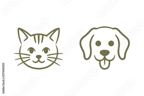 Cat and dog faces, simple line art icons side by side in muted pink and green tones on a dark background for pet themes.