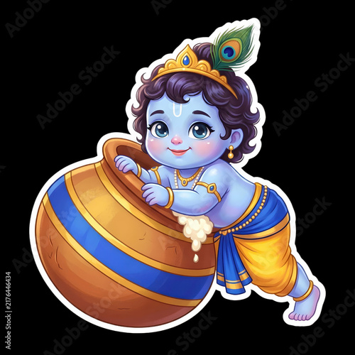 Baby Krishna Sticker cutout  PNG Cute Bal Gopal Makhan Chor with Butter Pot Clipart