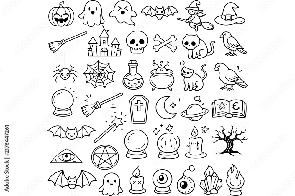 Obraz premium Minimal Spooky Halloween Vector Icons Line Art Collection
