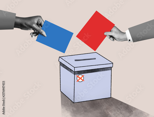 Foto Human hand putting a red ballot paper into the ballot box