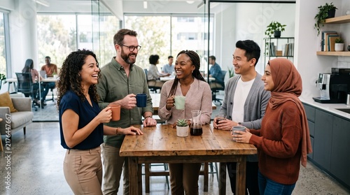 Diverse group of colleagues laughing and enjoying coffee break in modern office kitchen area