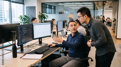 Two male colleagues collaborating on computer code in a modern office environment
