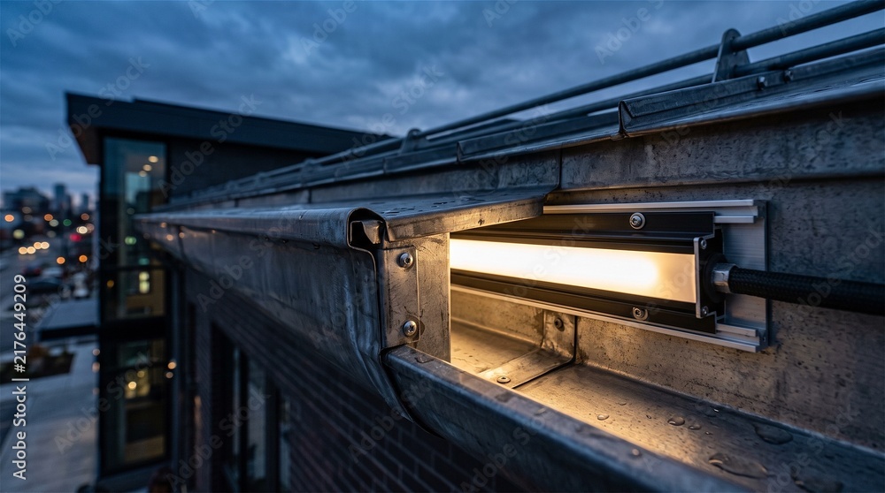 Fototapeta premium Recessed LED lighting unit in a metal gutter at dusk