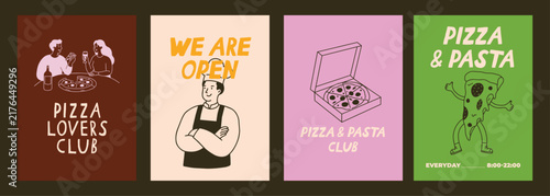 Pizza poster set with hand drawn pasta and people in doodle style. Includes drinks, pastries and decorative icons. Perfect for cafe wall art, menus, restaurant decor and branding.