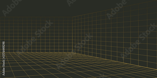 Abstract 3D perspective wireframe room with grid lines creating a futuristic virtual space background. Geometric vector illustration with retro digital style
