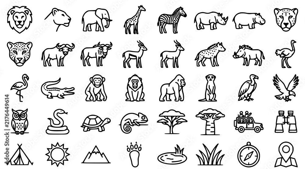 Obraz premium African Safari Wildlife and Savanna Animal Black Vector Icon Set