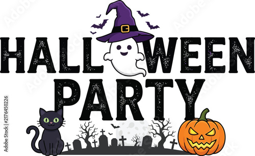 Halloween Party text design with cute ghost, black cat, and jack-o-lantern pumpkin.
