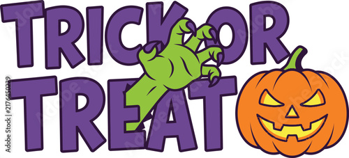 Trick or Treat Halloween text design with green zombie hand and carved jack o lantern