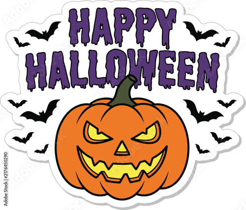 Halloween pumpkin with carved face and spooky bats for celebration