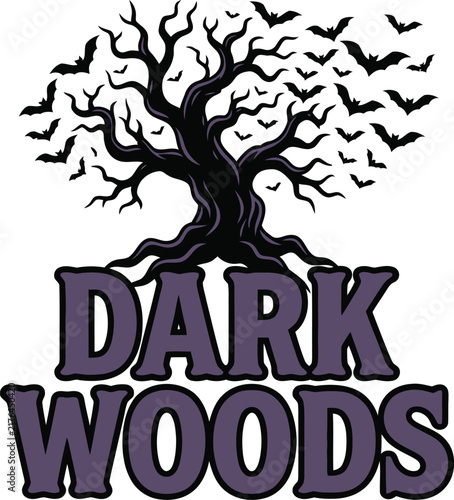 Dark Woods spooky tree illustration with flying bats for Halloween graphic design projects