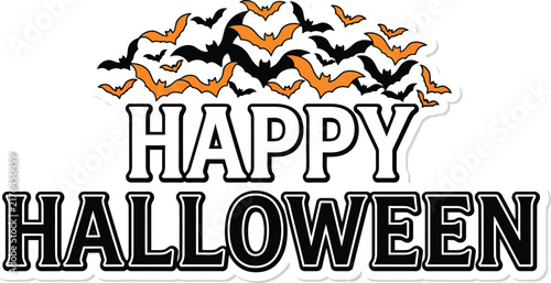 Happy Halloween text design with flying bats illustration for seasonal holiday greeting