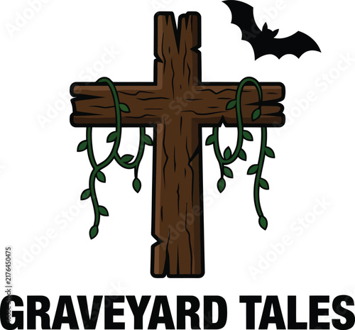 Halloween Cross with Bat and Vines Illustration for Spooky Designs