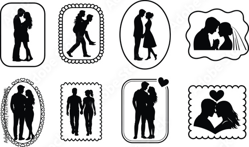 Romantic Couple Silhouette Vector Bundle Set, Couple Silhouette Clipart Set, Decorative Frames, Wedding Bride Groom Valentine Love Embrace Hug Piggyback Walking Design