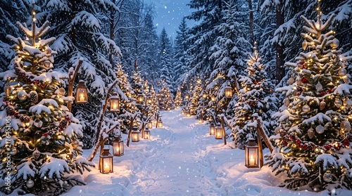 Enchanting Snowy Forest Path Lined with Decorated Christmas Trees and Lanterns