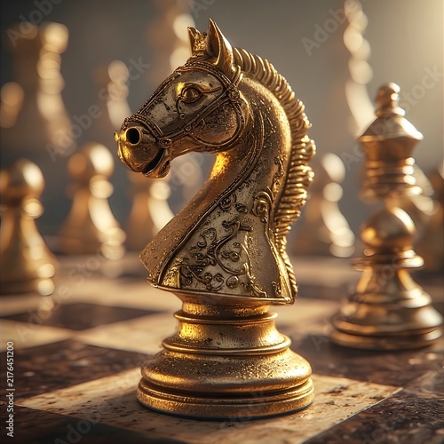 A chess piece, a beautiful golden knight with intricate details, stands prominently on a chessboard, surrounded by other pieces.