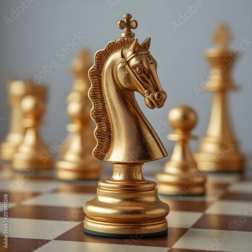 A chess piece, a beautiful golden knight with intricate details, stands prominently on a chessboard, surrounded by other pieces.