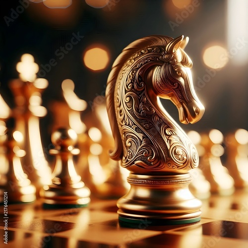 A chess piece, a beautiful golden knight with intricate details, stands prominently on a chessboard, surrounded by other pieces.