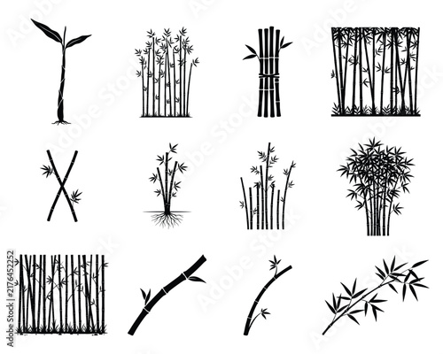 Set of black silhouette bamboo plant illustrations featuring diverse stalks leaves and forest stalks on white background