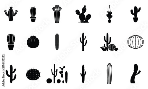 Set of black silhouette cactus icons and desert succulent plant shapes isolated on a white background for design projects