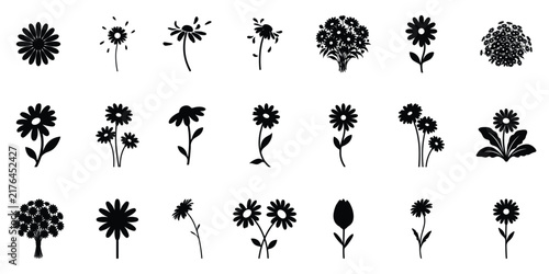 Set of black silhouette flowers and daisy floral icons for garden design, botanical stationery, and nature-themed graphic art