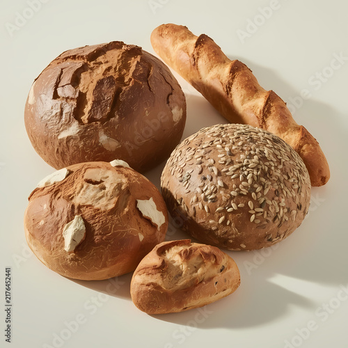 Assorted artisan bread loaves and baguette on white background
