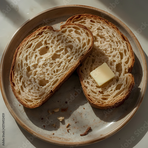 Sliced bread with open crumb texture and butter on plate