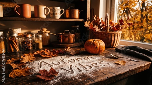 Rustic autumn vibes flour inscription banner with pumpkins, leaves and cozy kitchen background