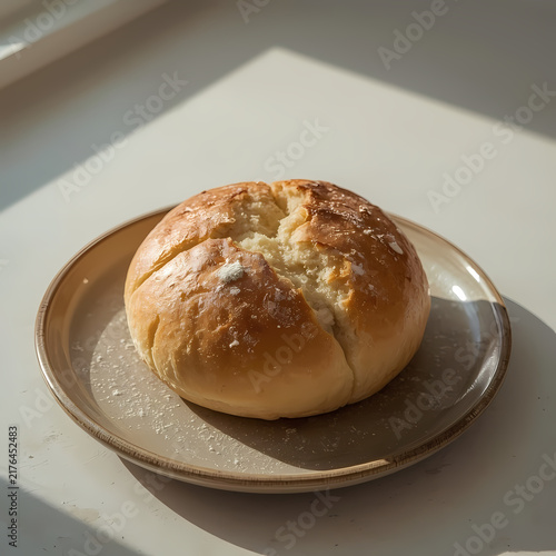 Freshly baked bread roll on plate with natural light