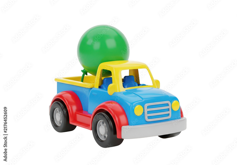 Fototapeta premium Toy pickup truck carrying large green ball isolated on transparent background