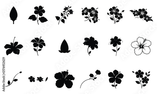 Set of black and white tropical hibiscus flower silhouettes and floral vector elements for botanical design projects