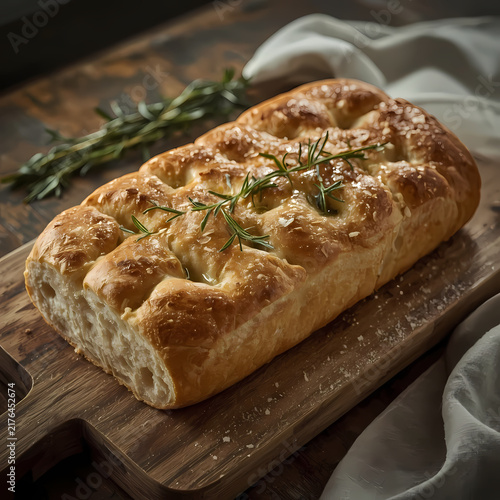 Rosemary focaccia bread on wooden board