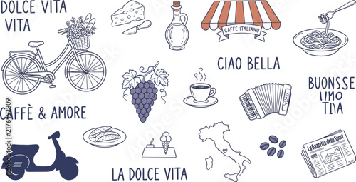 Hand Drawn Italian Culture Doodle Set With Bicycle Coffee And Pasta