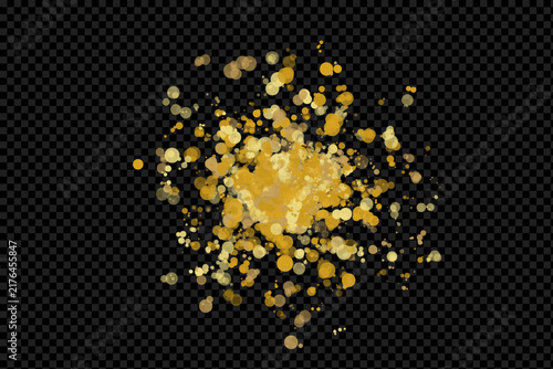 Golden Bokeh Glitter Particle Splash Vector Illustration with Glowing Confetti Circles Isolated on Transparent Grid Background for Luxury Designs