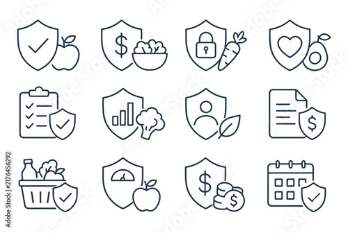 Health insurance and nutrition protection icons set featuring shields food and money symbols in minimalist line art style