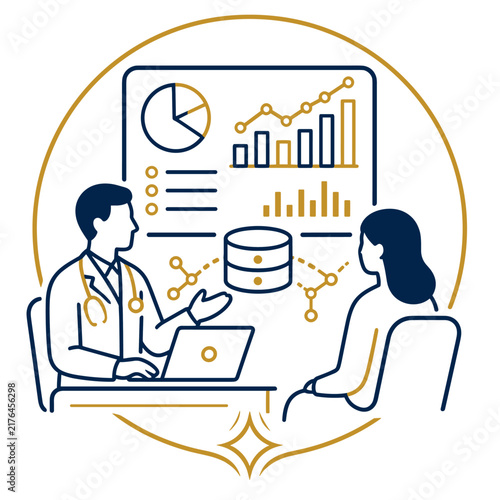 Healthcare data analytics concept with doctor analyzing patient records