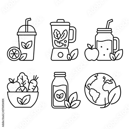 Healthy organic food and beverage line art icons set showing blender bowl and bottle