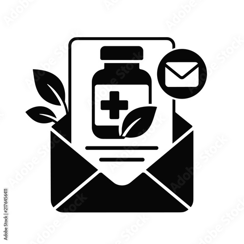 Herbal medicine envelope icon featuring natural supplement bottle and leaf