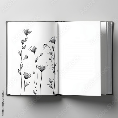 A minimalist black and white interior book design. The pattern consists of delicate, hand-drawn florals.