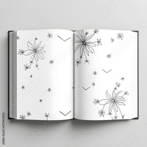 A minimalist black and white interior book design. The pattern consists of delicate, hand-drawn florals.