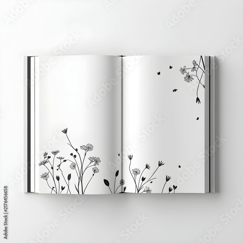 A minimalist black and white interior book design. The pattern consists of delicate, hand-drawn florals.