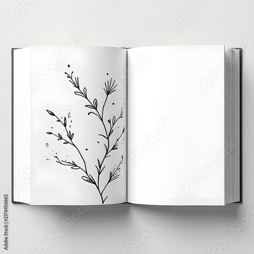 A minimalist black and white interior book design. The pattern consists of delicate, hand-drawn florals.