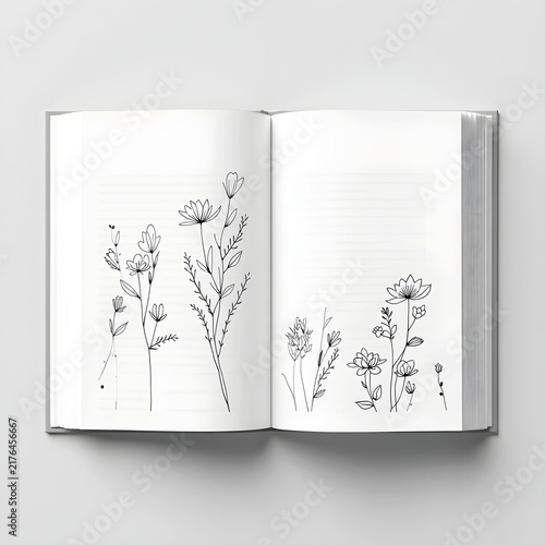 A minimalist black and white interior book design. The pattern consists of delicate, hand-drawn florals.