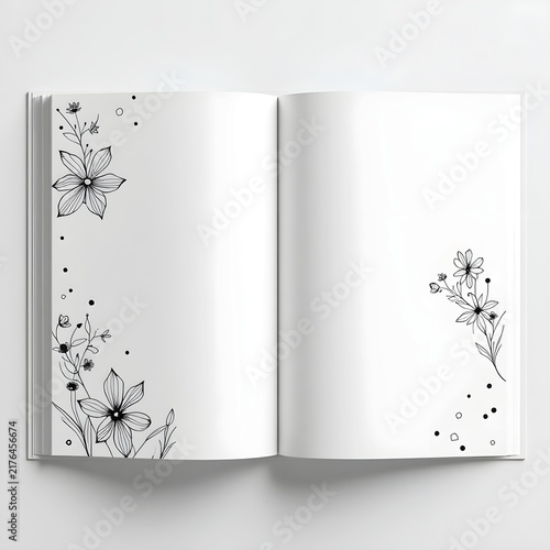 A minimalist black and white interior book design. The pattern consists of delicate, hand-drawn florals.